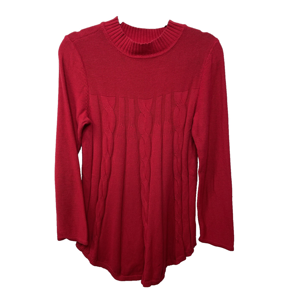 Cable Knit Fisherman Red Sweater Mock Neck Kim Roger Women Med Christmas Holiday